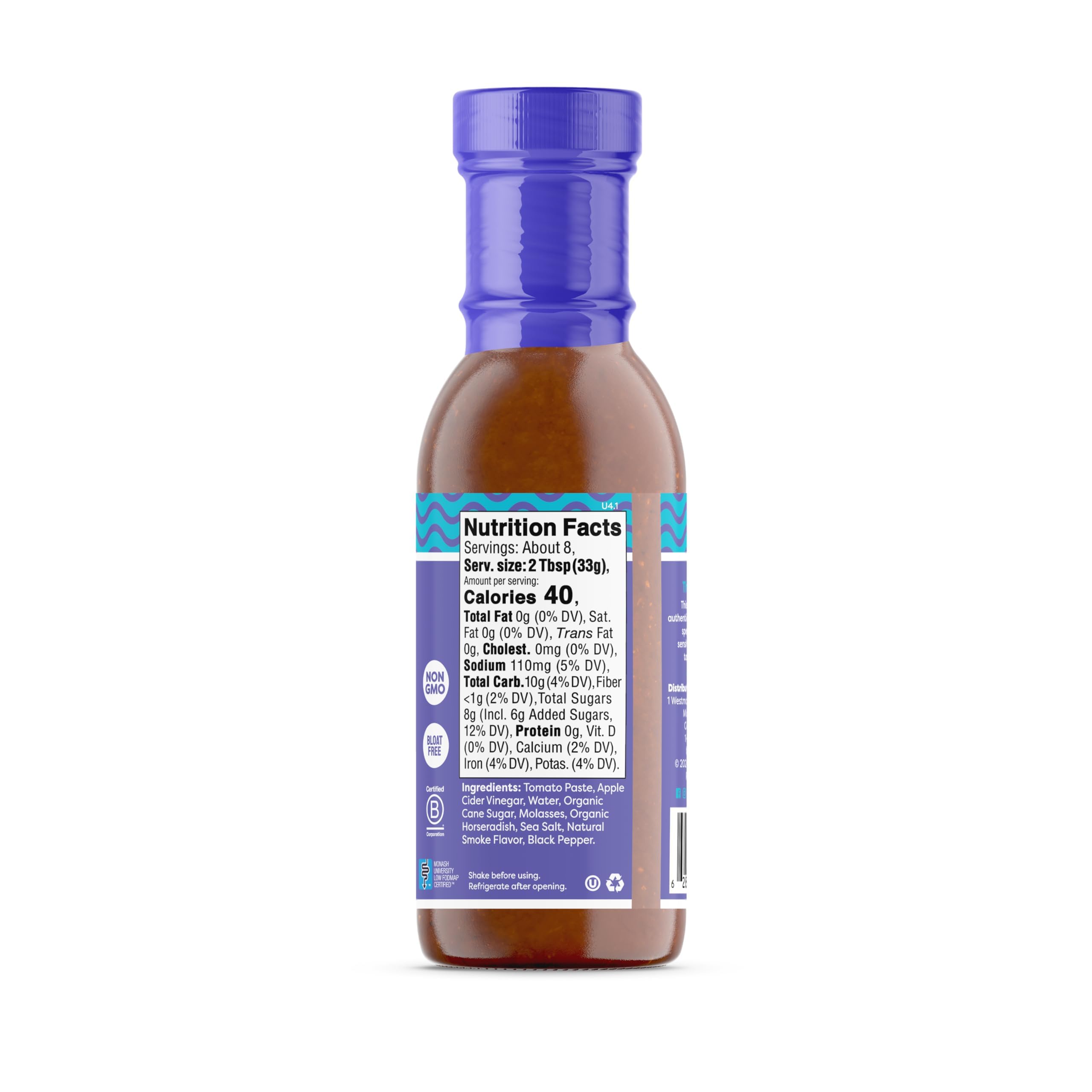Fody salsa BBQ etiqueta con certificaciones Low FODMAP, sin gluten y Non-GMO