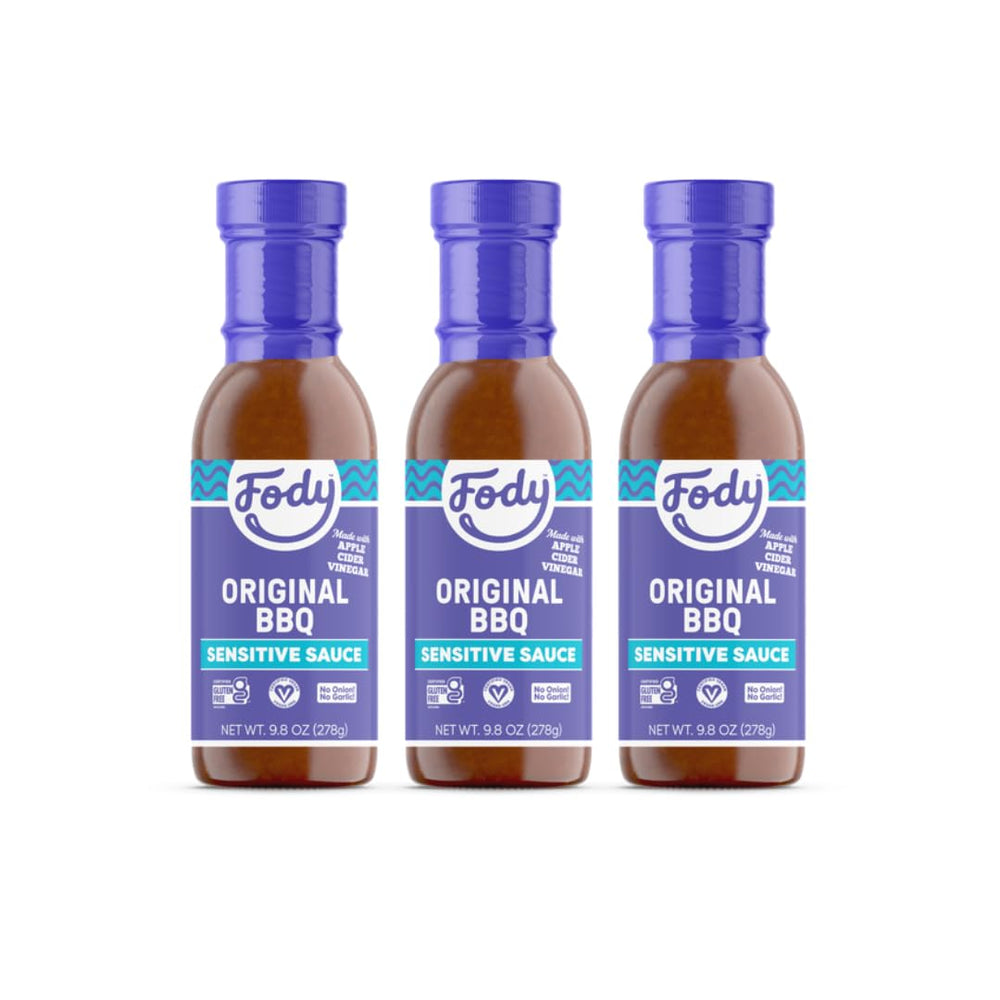 Fody salsa BBQ vista frontal paquete de tres con etiqueta clara y sabor ahumado