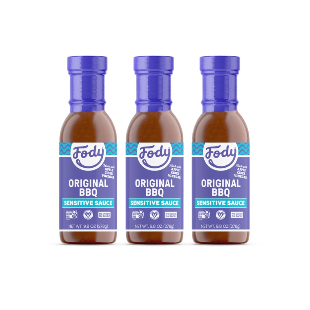 Fody salsa BBQ vista frontal paquete de tres con etiqueta clara y sabor ahumado