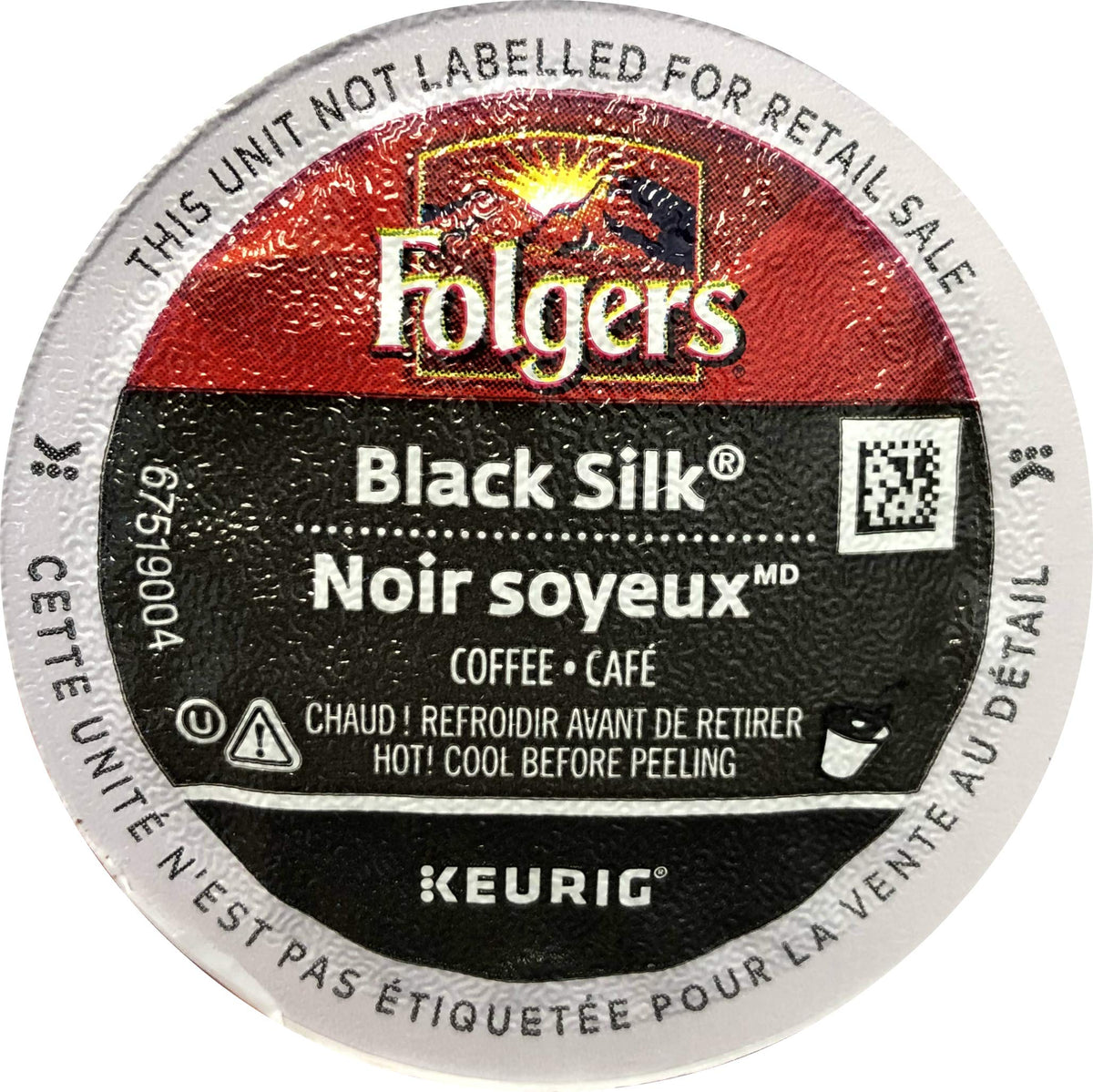 Folgers Black Silk vista frontal del empaque mostrando intensidad y conveniencia