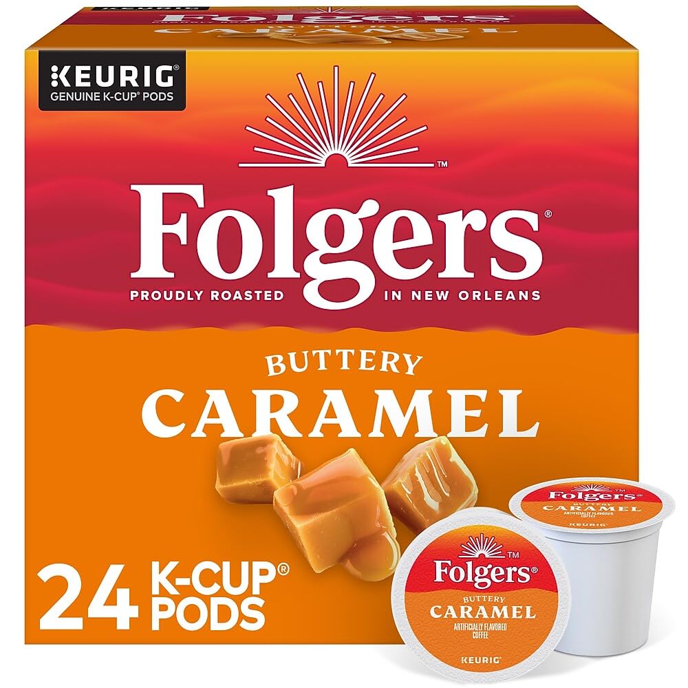 Folgers caja frontal muestra 24 cápsulas y sabor caramelo, conveniencia inmediata