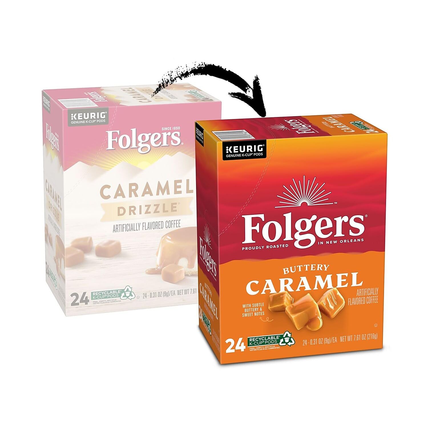 Taza con café Folgers y ligera espuma, sabor caramelo cremoso y acogedor