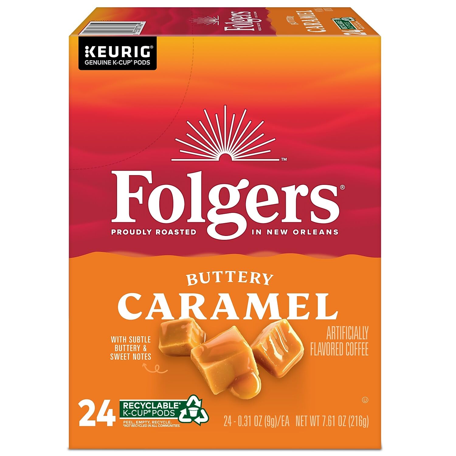 Máquina Keurig extrayendo Folgers Caramel Drizzle, preparación rápida y consistente