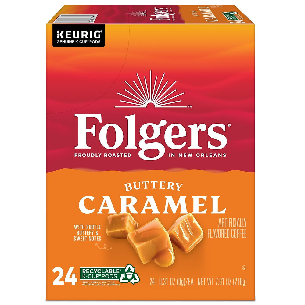 Máquina Keurig extrayendo Folgers Caramel Drizzle, preparación rápida y consistente
