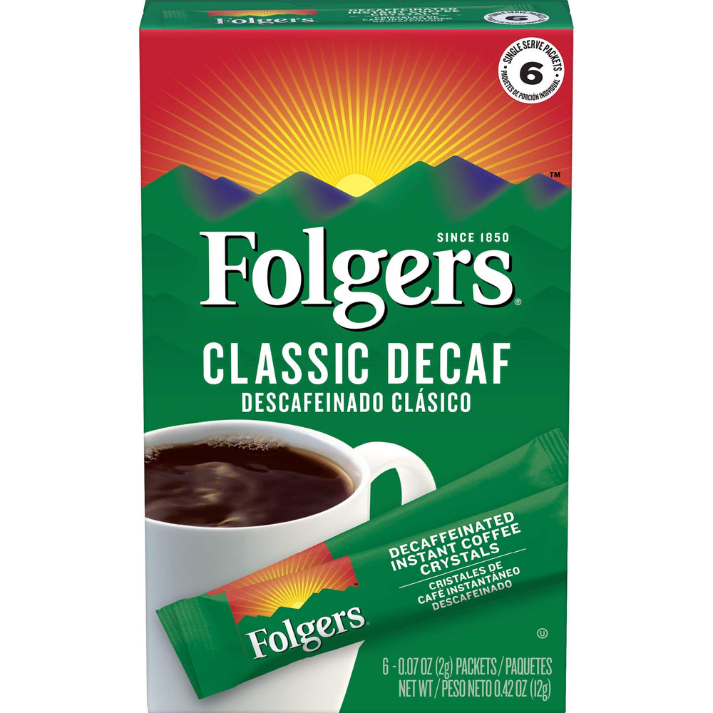 Folgers paquete frontal mostrando 72 sobres y fácil almacenamiento