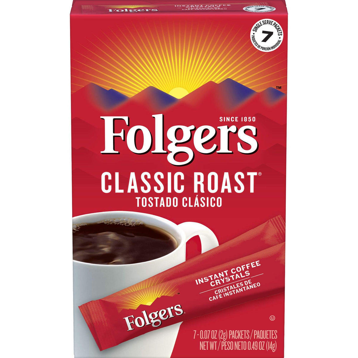 Folgers paquete frontal mostrando 12 paquetes y 84 sobres para conveniencia