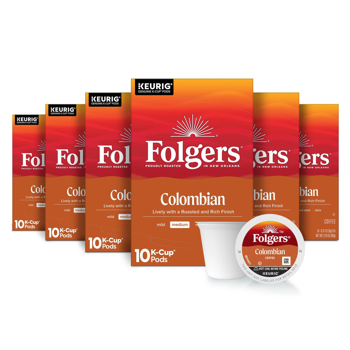 Folgers caja frontal del producto con aroma icónico y conveniencia