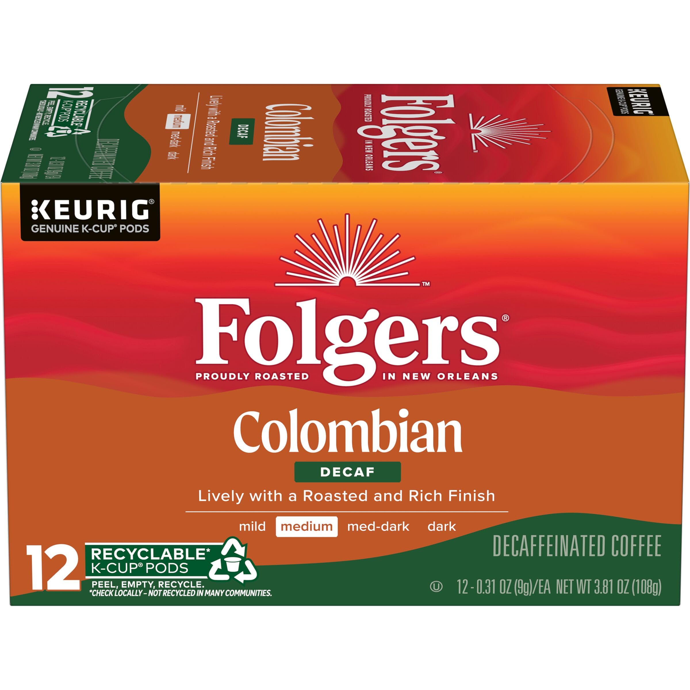 Folgers paquete frontal mostrando 12 cápsulas y ahorro de tiempo