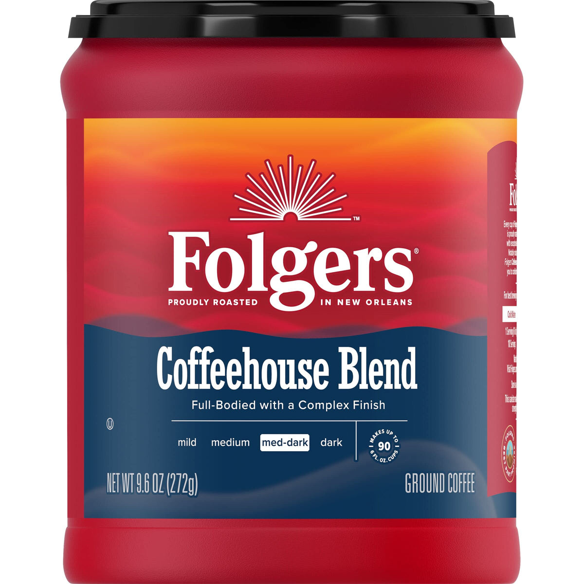Folgers lata frente mostrando diseño y conveniencia de almacenamiento