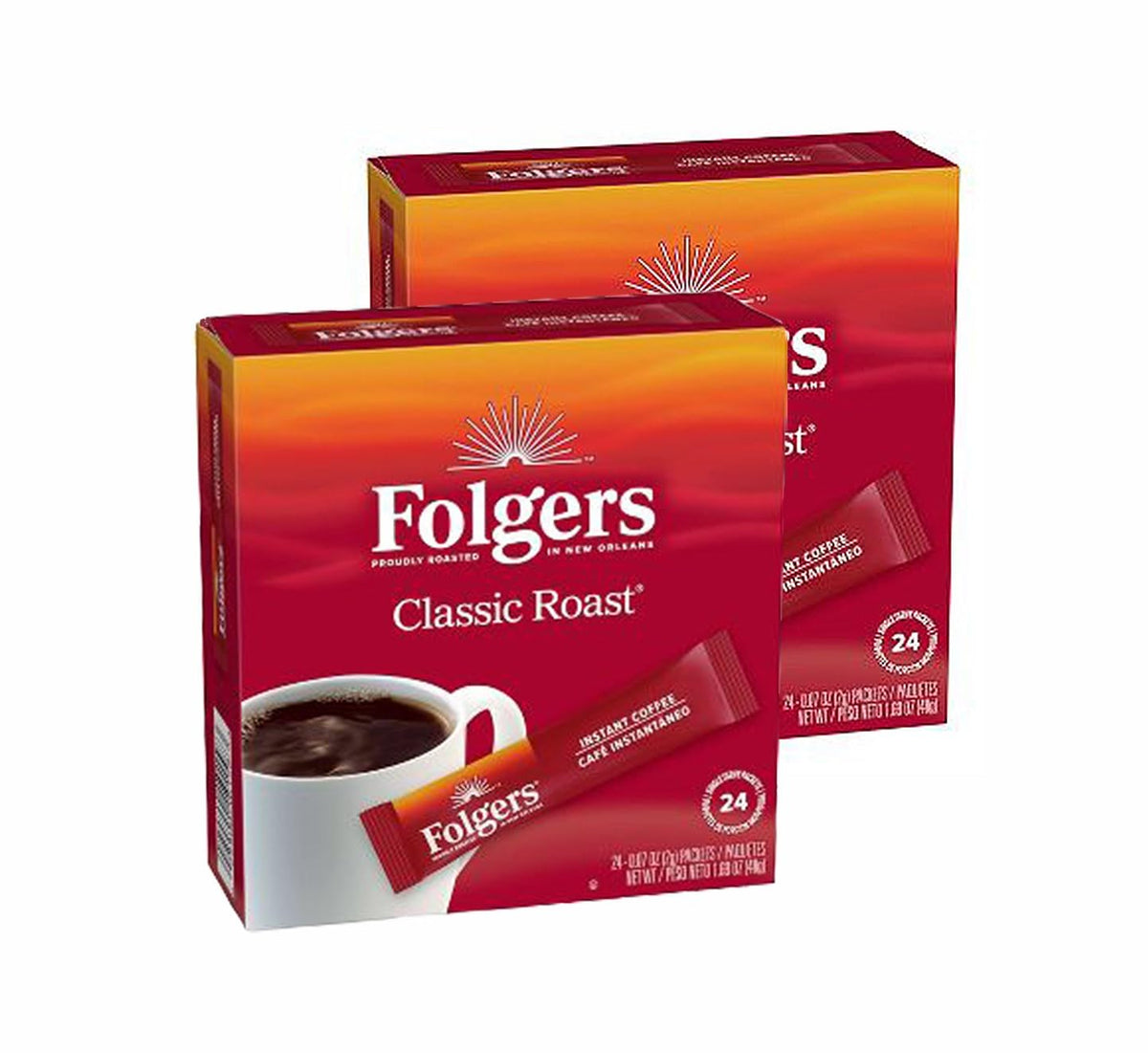 Folgers empaque frontal con sobres, presentación práctica y ahorro