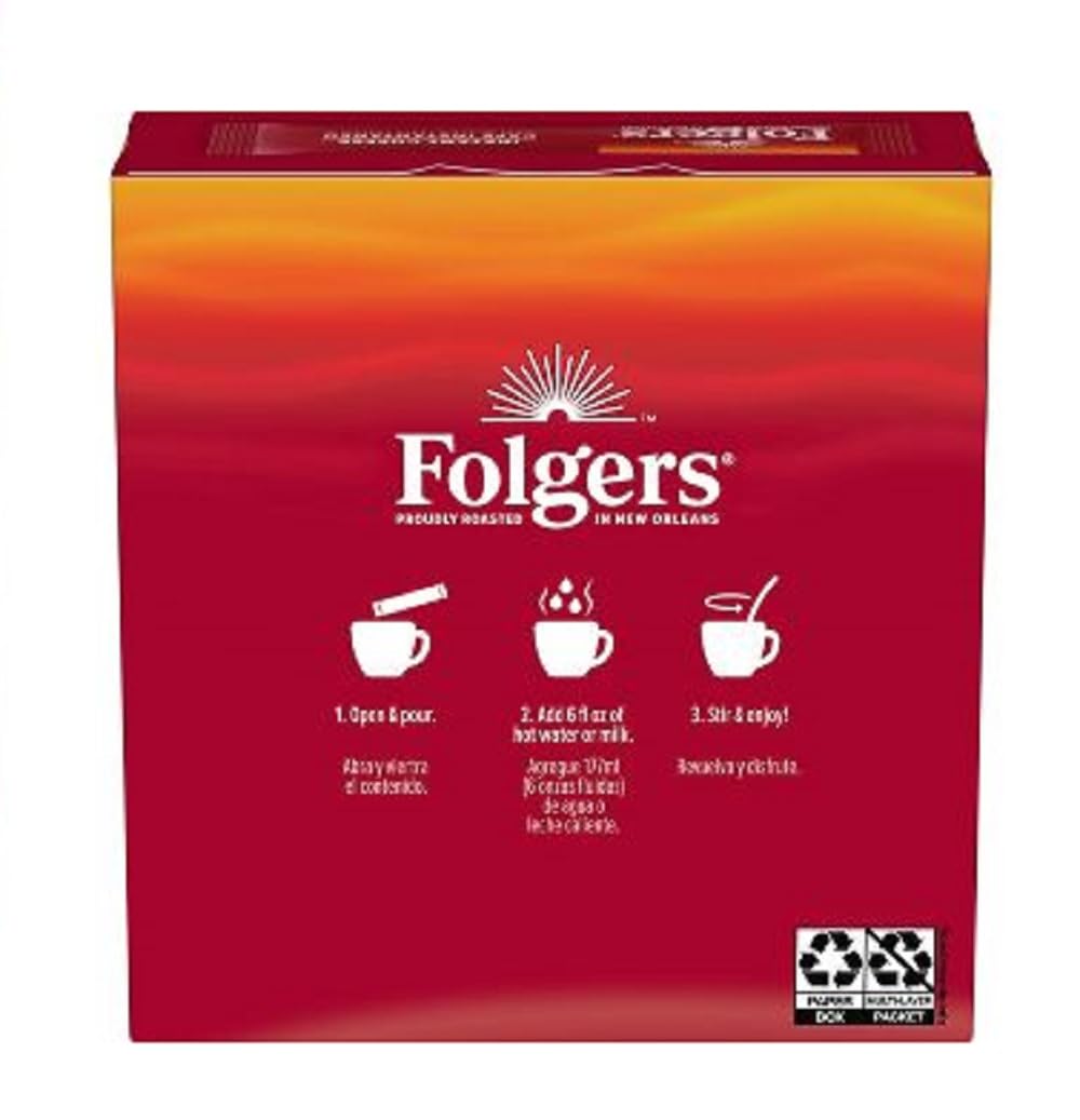 Folgers taza servida en mesa, aroma clásico listo al instante