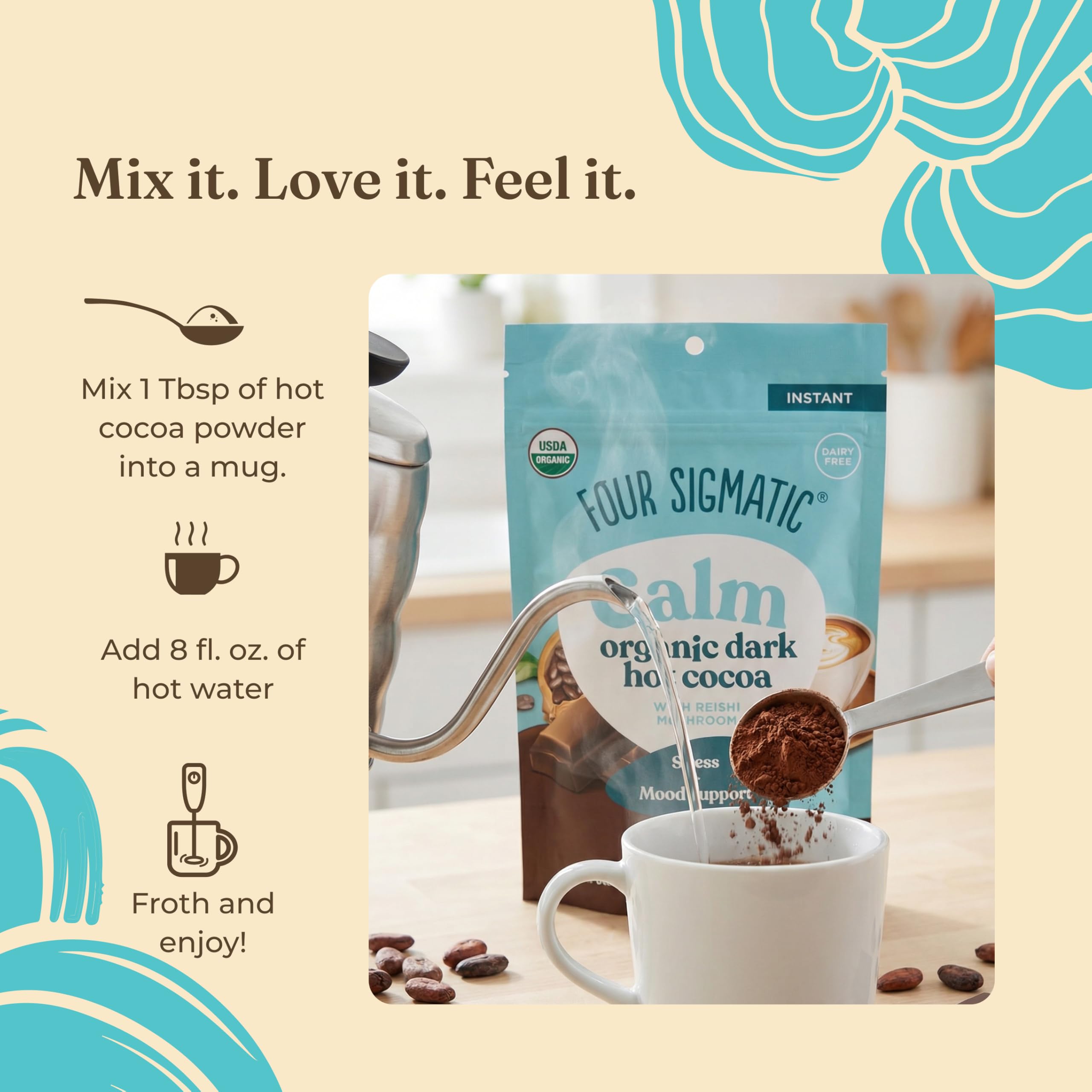 Four Sigmatic caja y raciones mostrando cantidad por envase