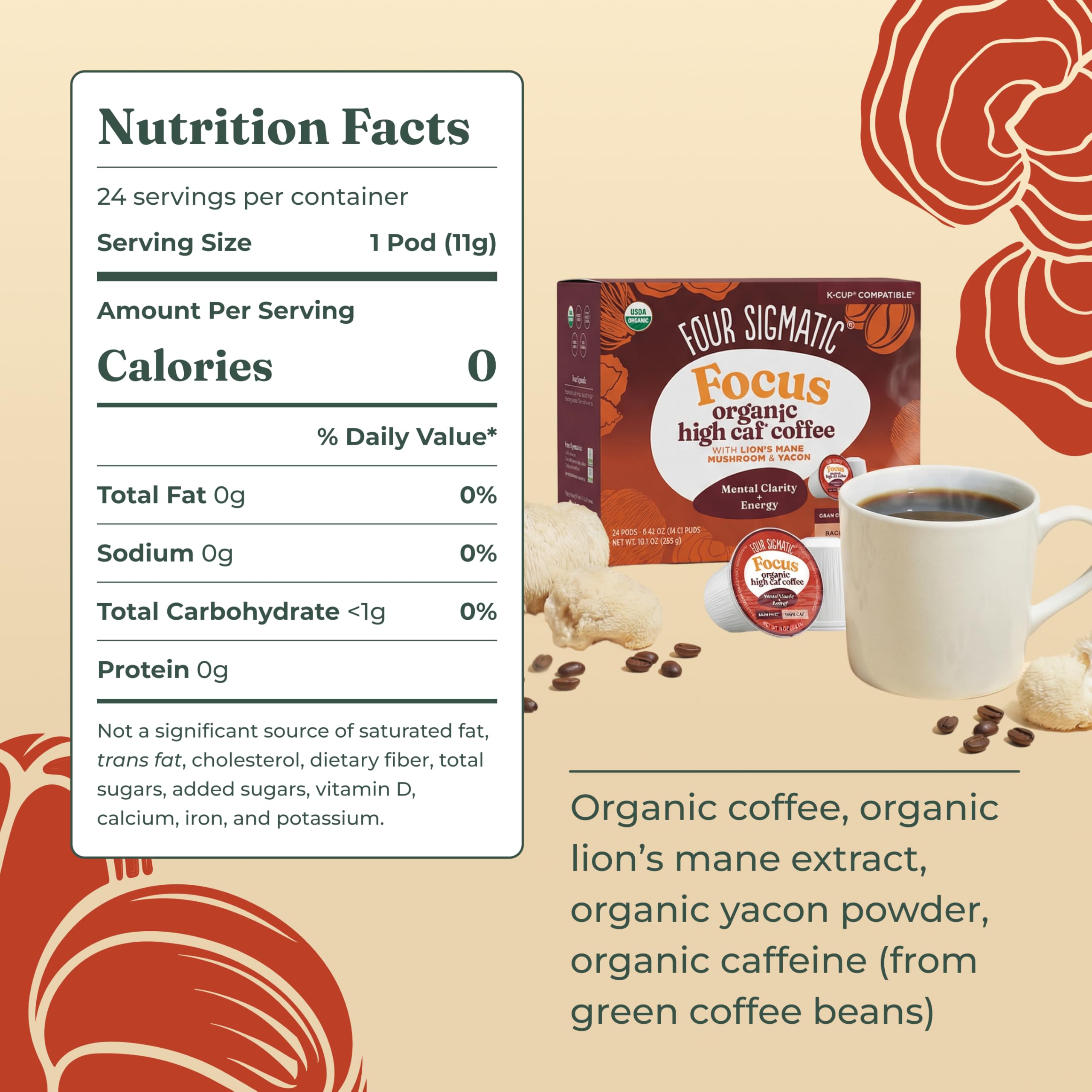 Four Sigmatic etiqueta con lista de ingredientes y certificado orgánico visible