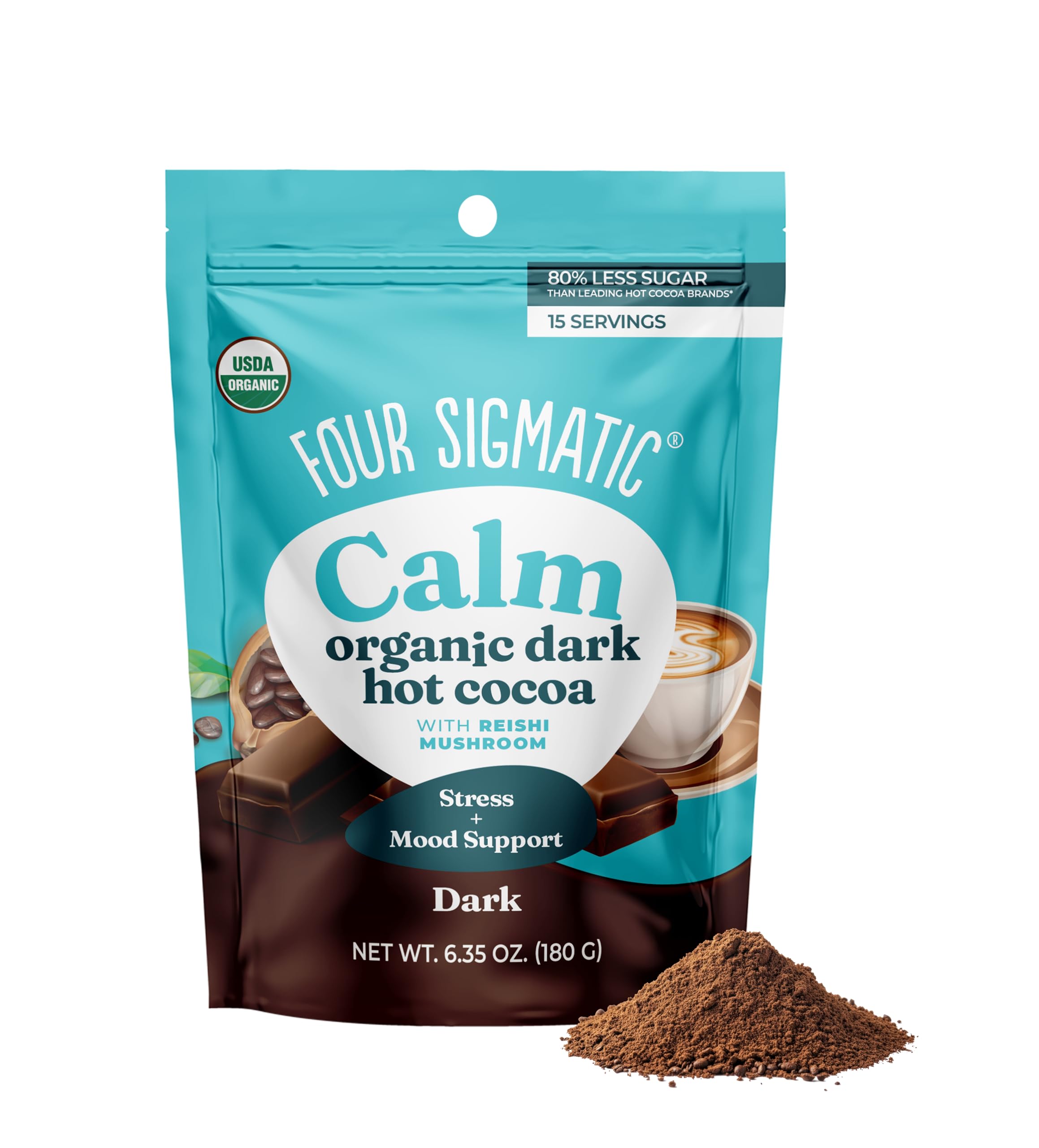 Four Sigmatic envase frente mostrando diseño y beneficio reconfortante