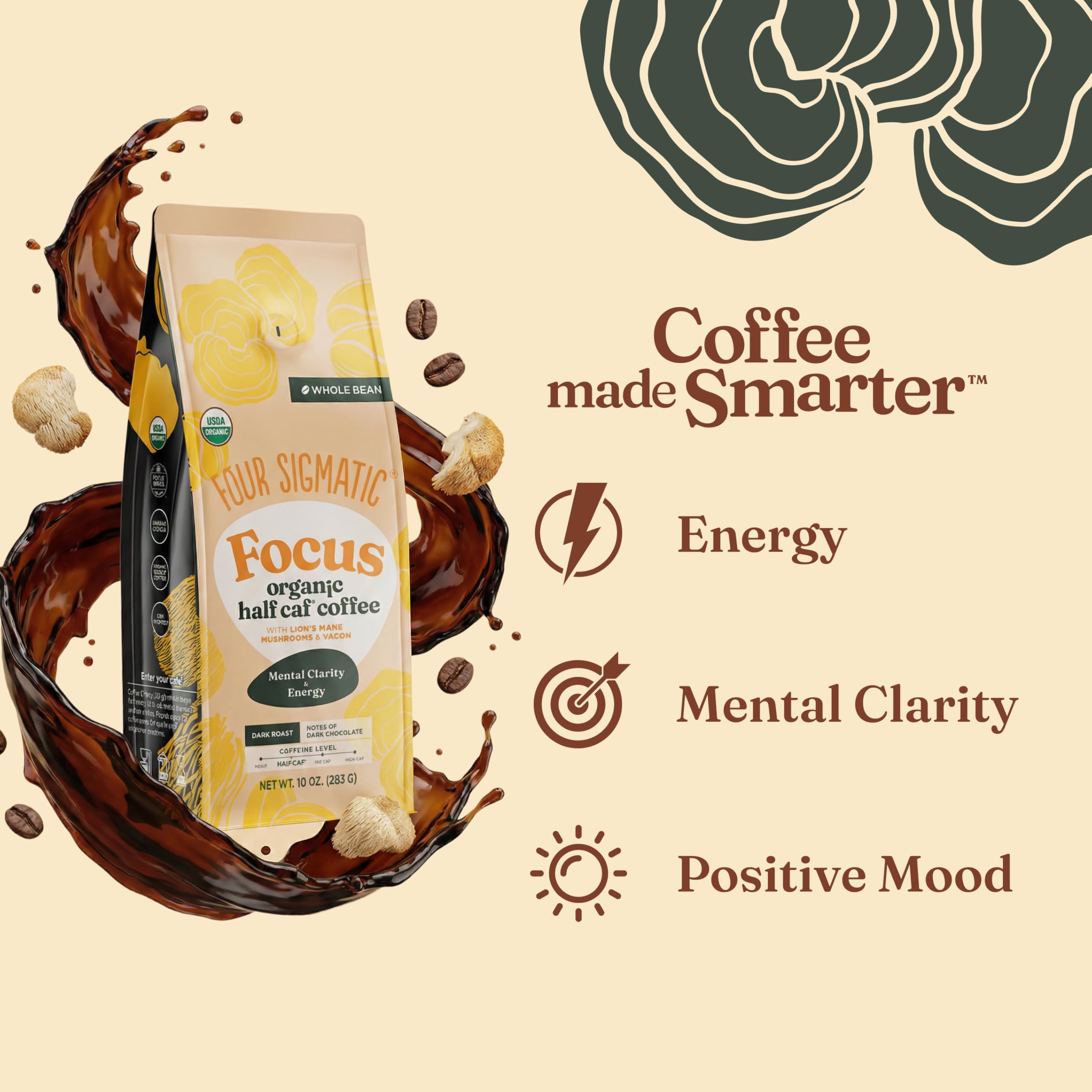 Four Sigmatic etiqueta con lista de ingredientes orgánicos y procesos limpios