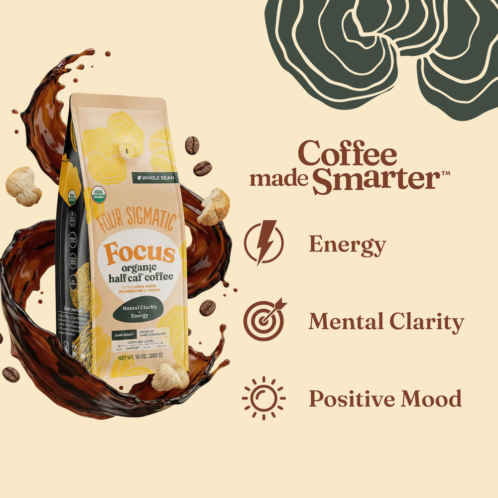 Four Sigmatic etiqueta con lista de ingredientes orgánicos y procesos limpios