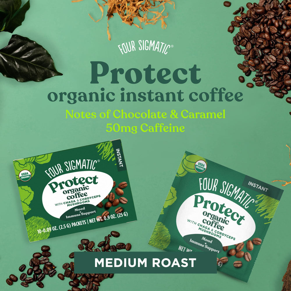 Four Sigmatic etiqueta de ingredientes orgánicos y dosis, garantiza transparencia