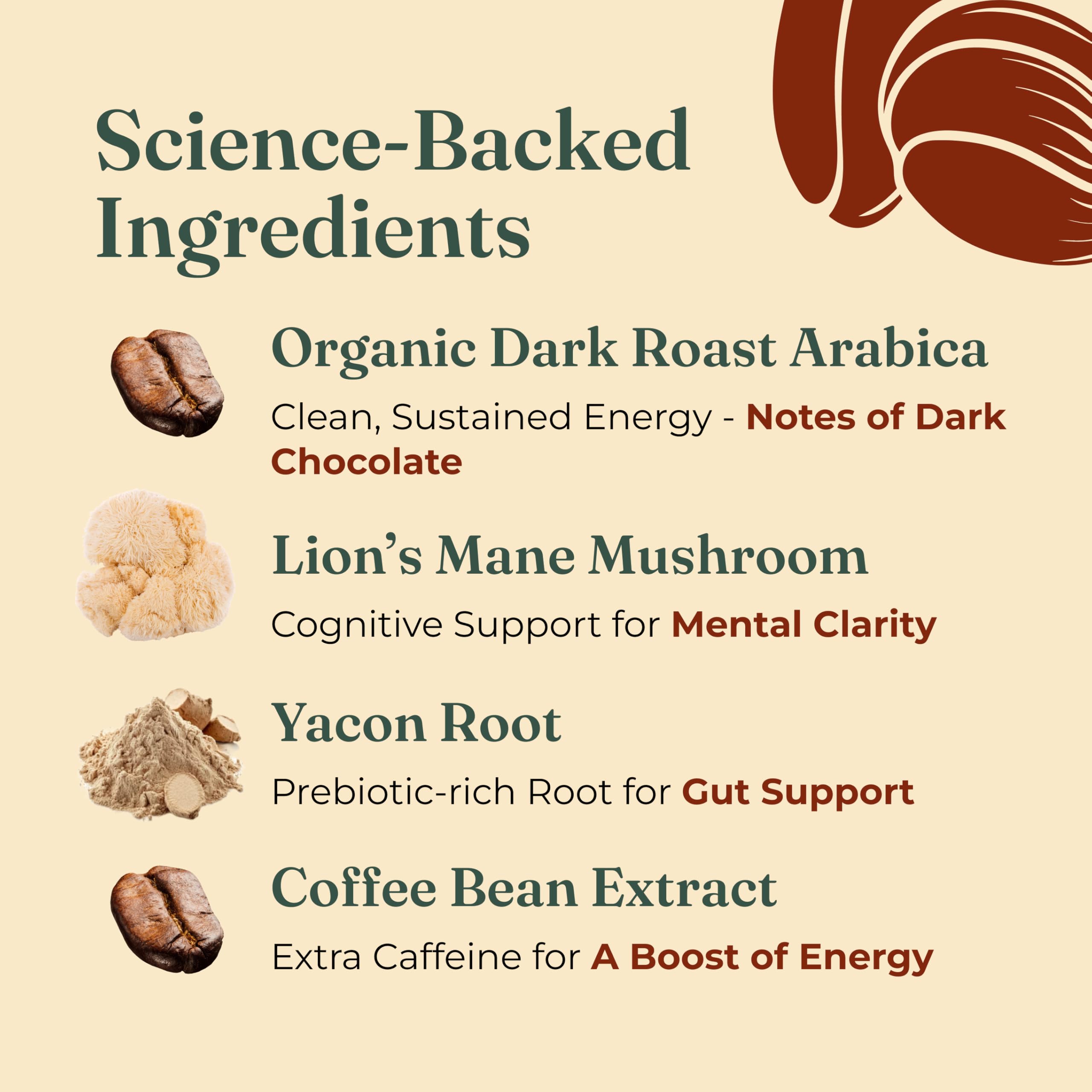 Four Sigmatic etiqueta con ingredientes orgánicos, transparencia y calidad