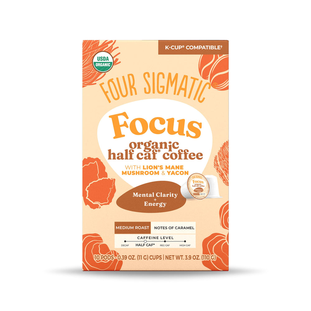 Four Sigmatic cápsula en uso en oficina, energía sostenida y concentración productiva