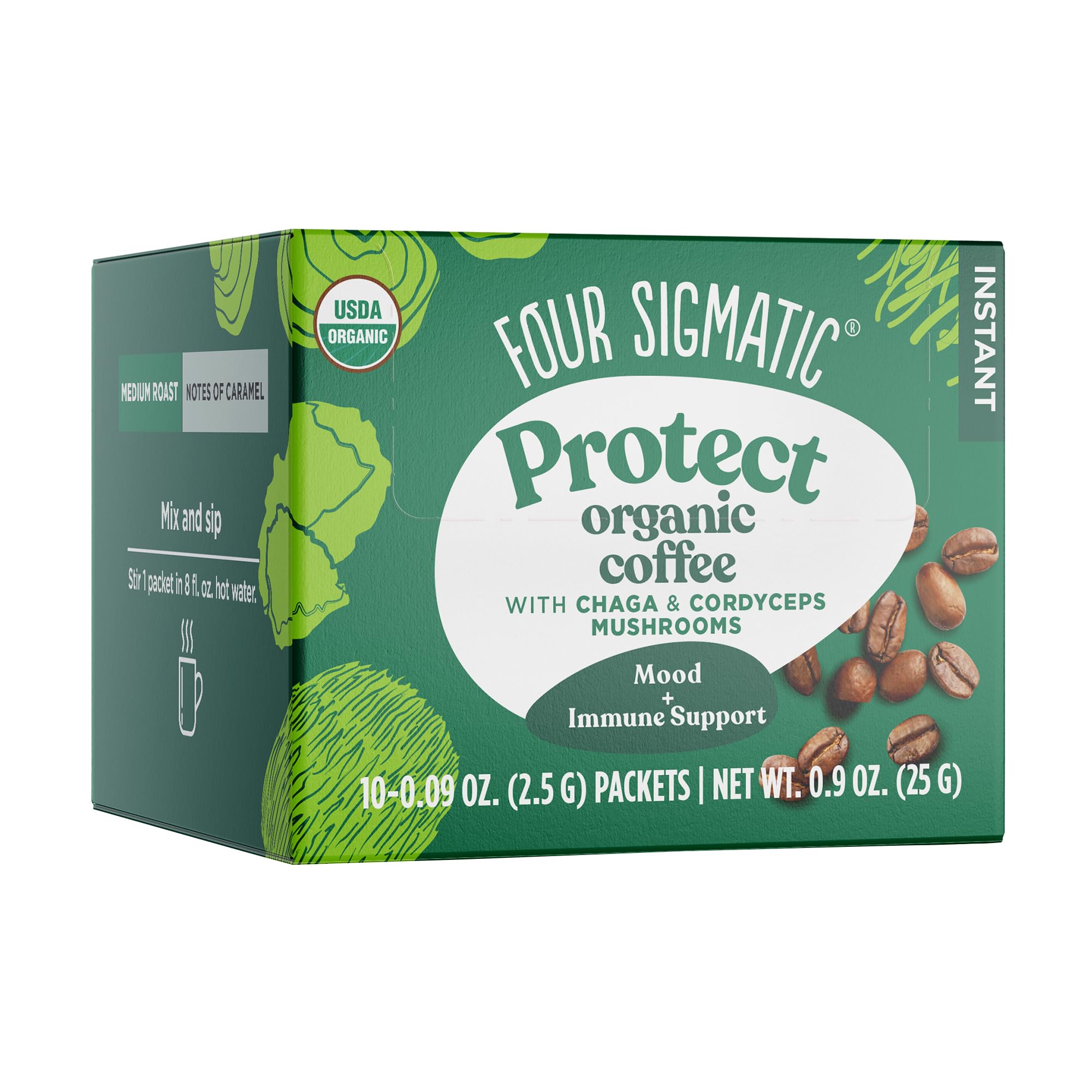 Four Sigmatic frente del empaque con 10 sobres, facilita transporte y dosis