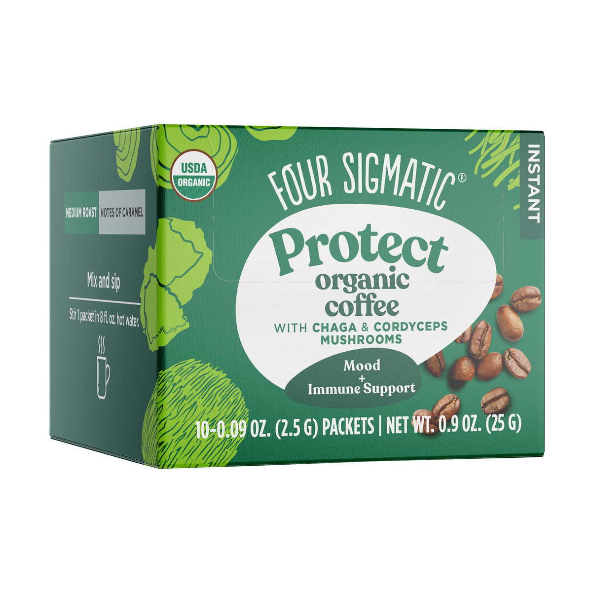 Four Sigmatic frente del empaque con 10 sobres, facilita transporte y dosis