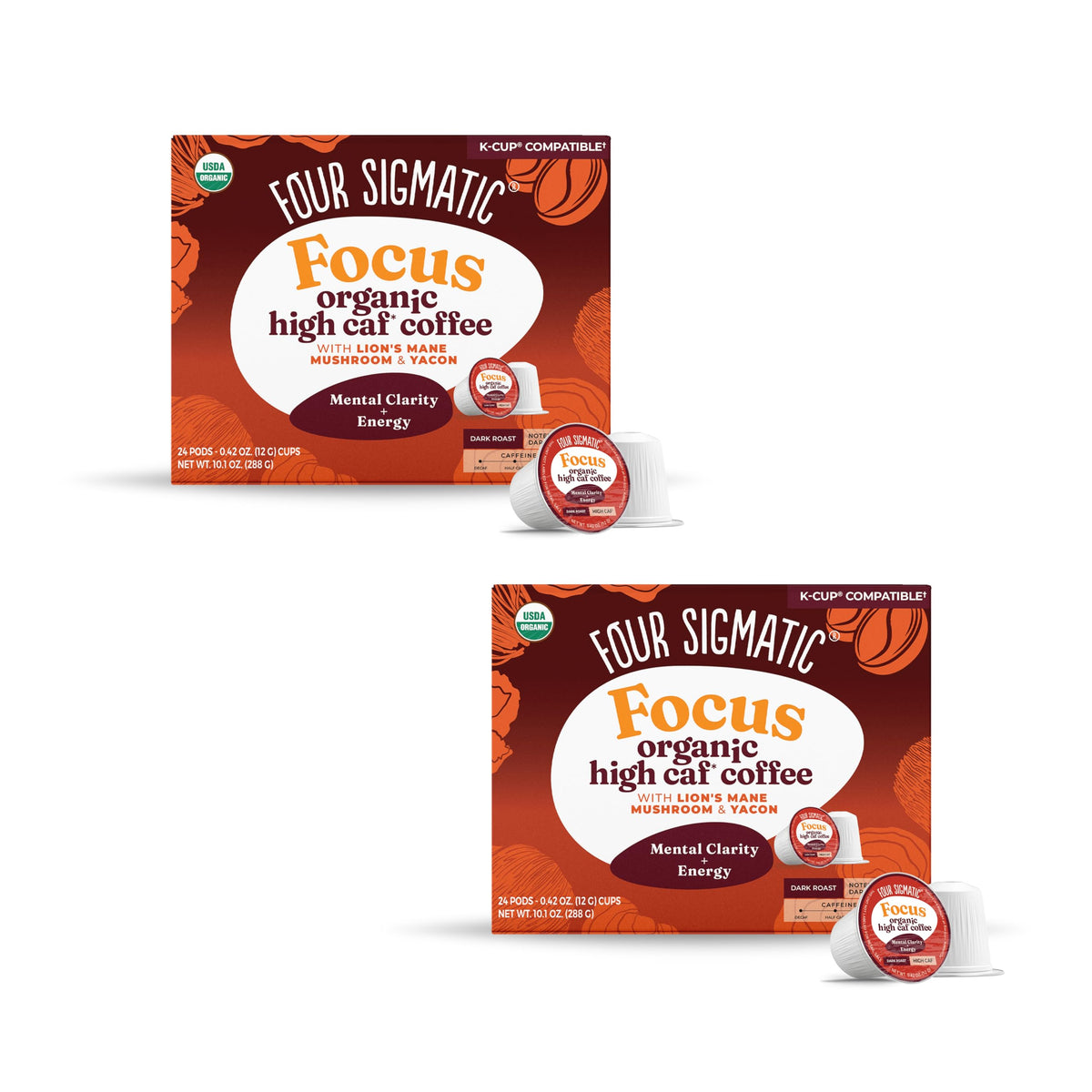 Four Sigmatic frente del empaque mostrando diseño y beneficio funcional