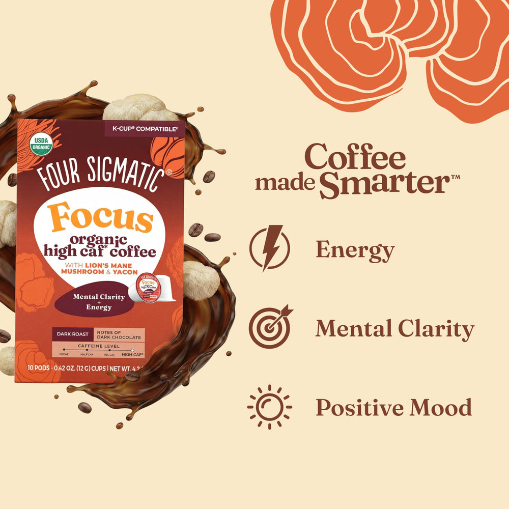 Four Sigmatic granos hondureños junto a cápsula, origen de sabor y baja acidez