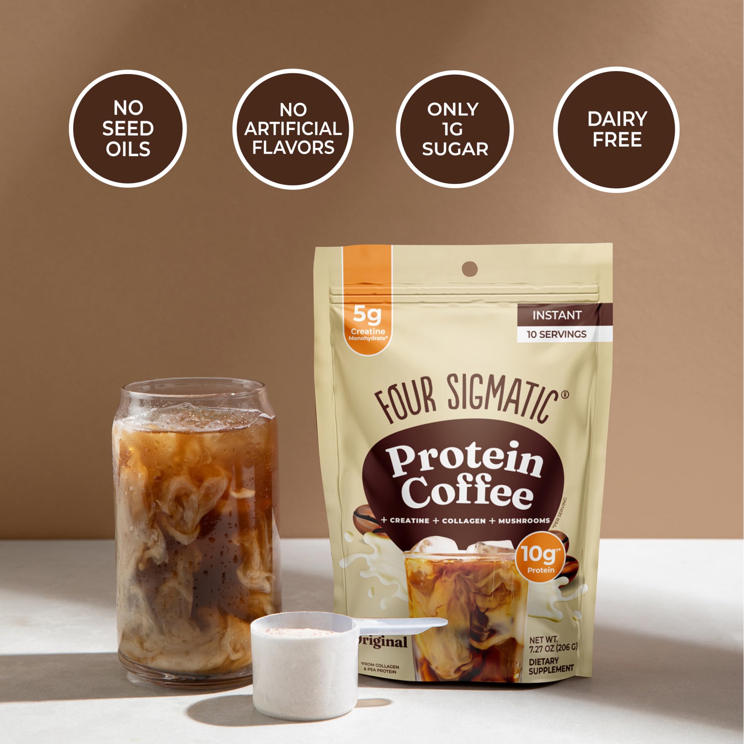 Four Sigmatic ingredientes alineados: café, creatina y hongos