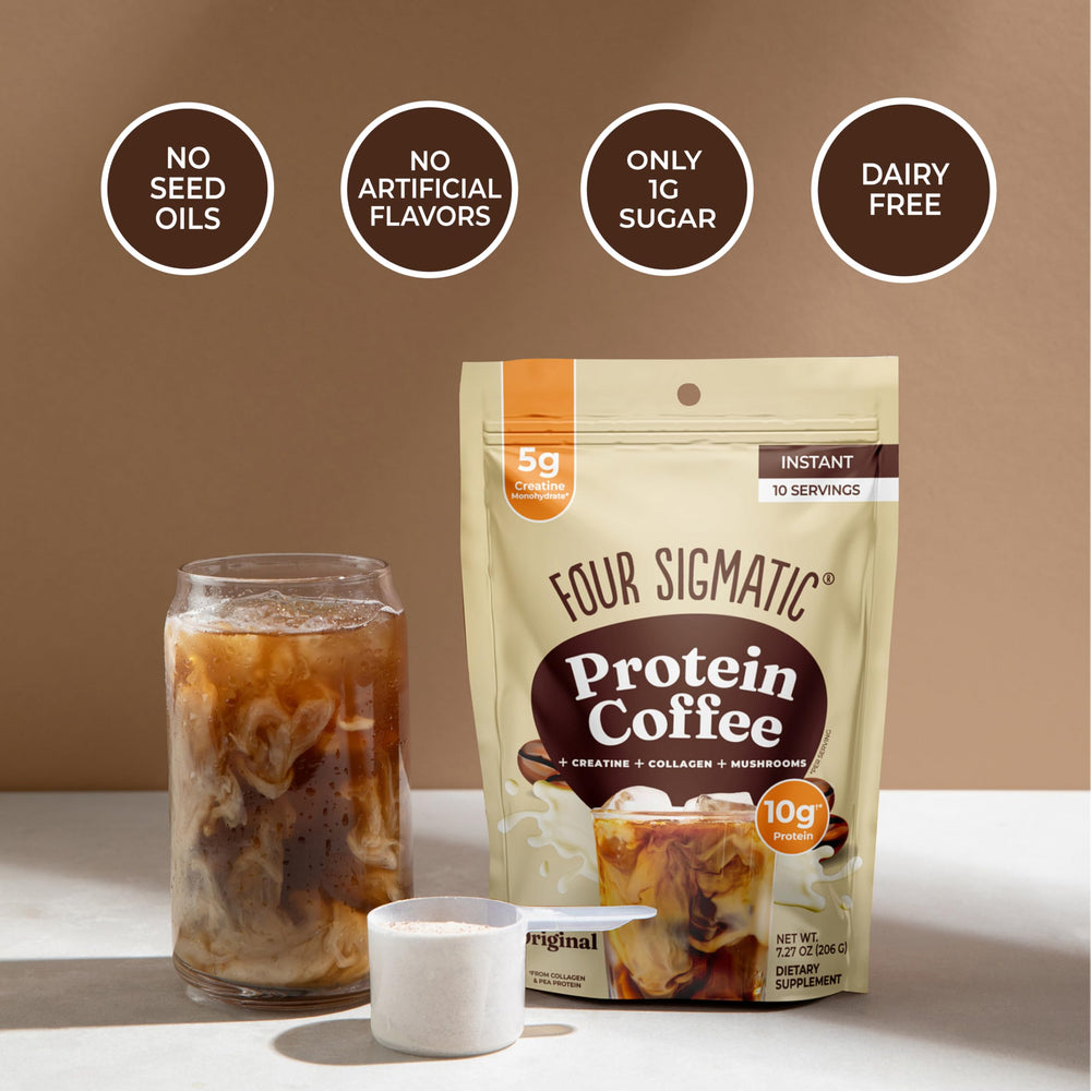 Four Sigmatic ingredientes alineados: café, creatina y hongos