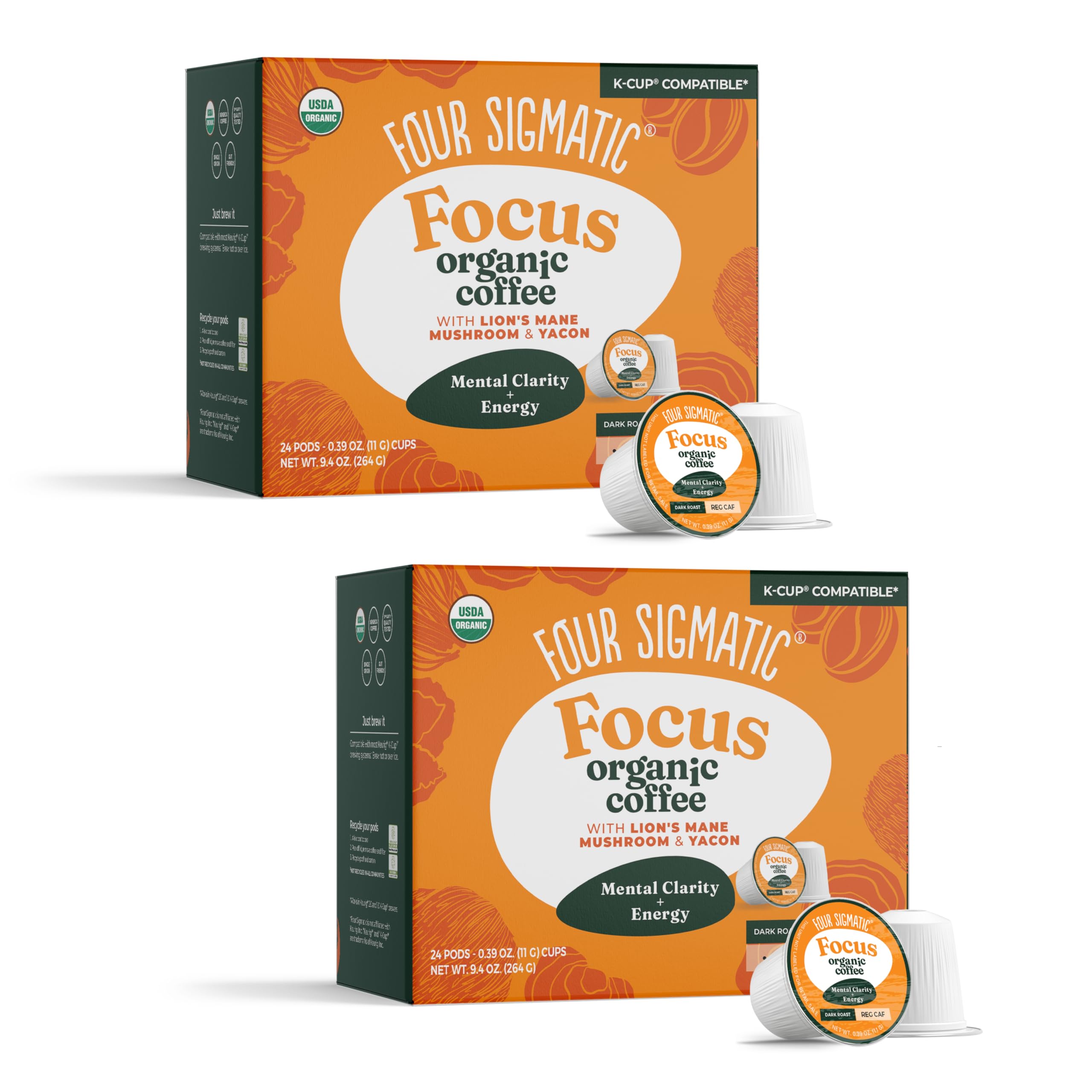 Four Sigmatic cápsula K-Cup frontal mostrando el envase y conveniencia