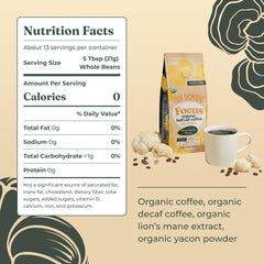Four Sigmatic primer plano de granos enteros destacando frescura y tueste oscuro