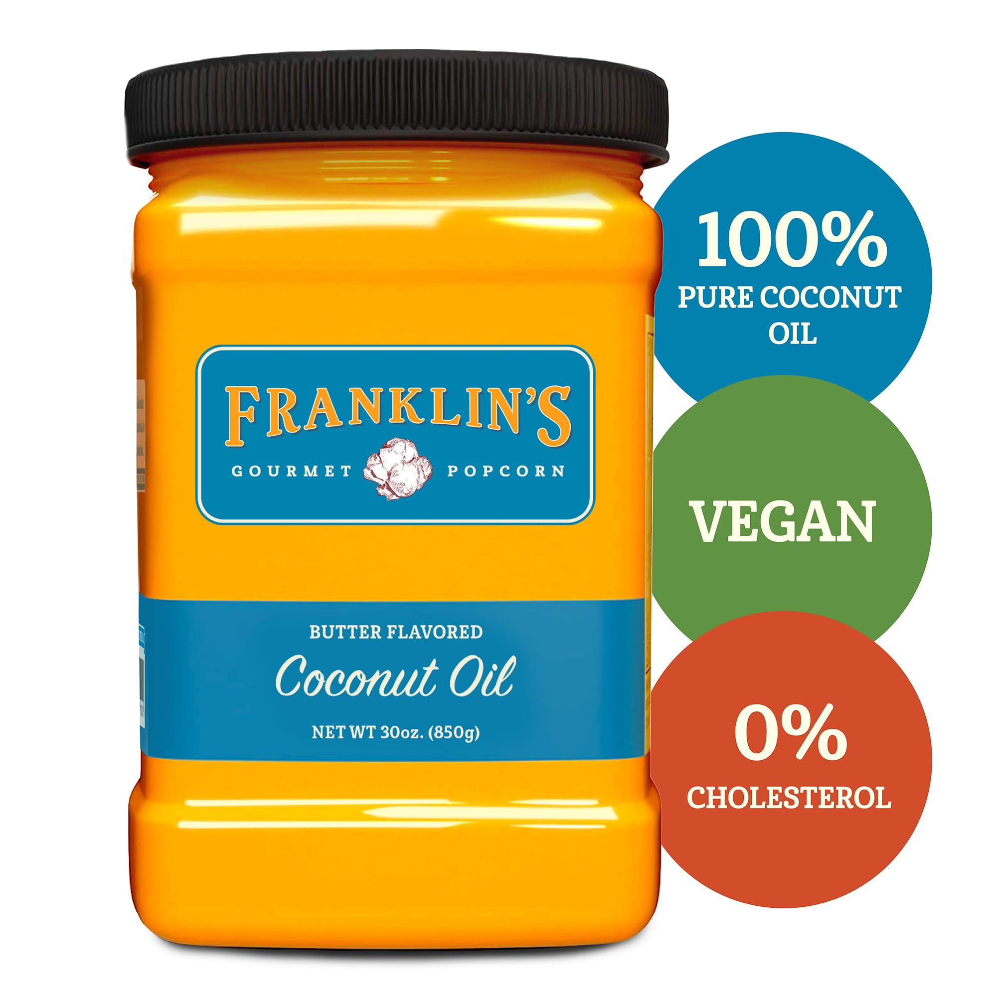 Franklin's Gourmet Popcorn textura del aceite de coco con brillo, aporta sabor