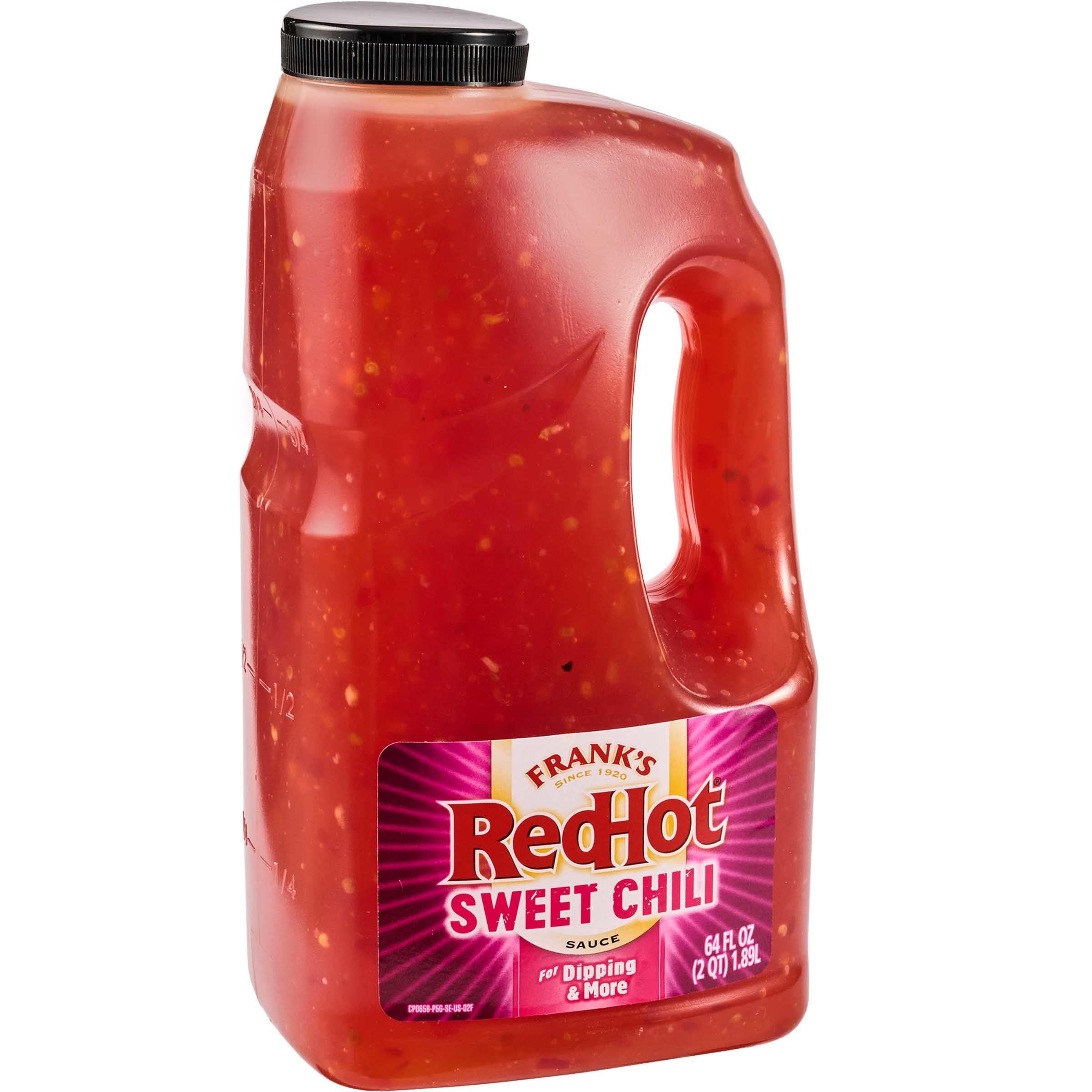 Frank's RedHot botella frente muestra envase medio galón y color vibrante