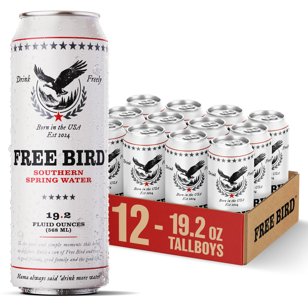 Free Bird frontal del pack de 12 latas muestra diseño y reciclabilidad
