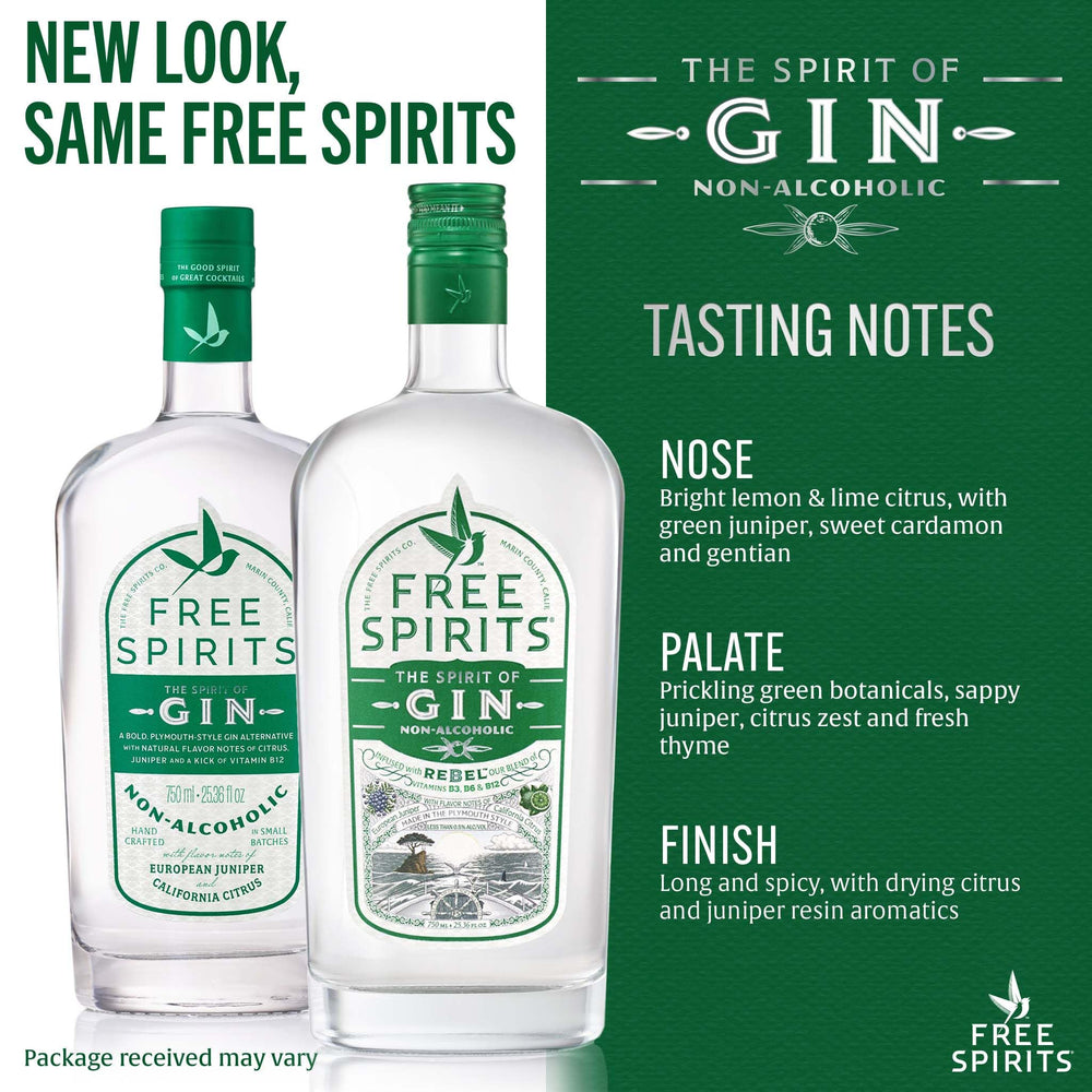 The Free Spirits Company etiqueta en primer plano con información de botánicos