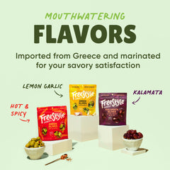 Freestyle Snacks primer plano de textura de aceituna mostrando jugosidad y sabor