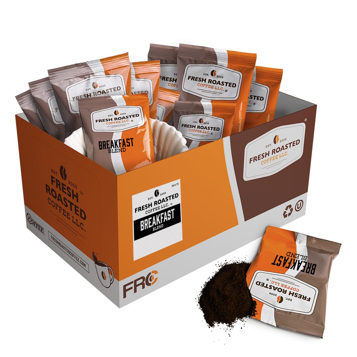 Fresh Roasted Coffee caja frontal con 42 sobres, muestra conveniencia