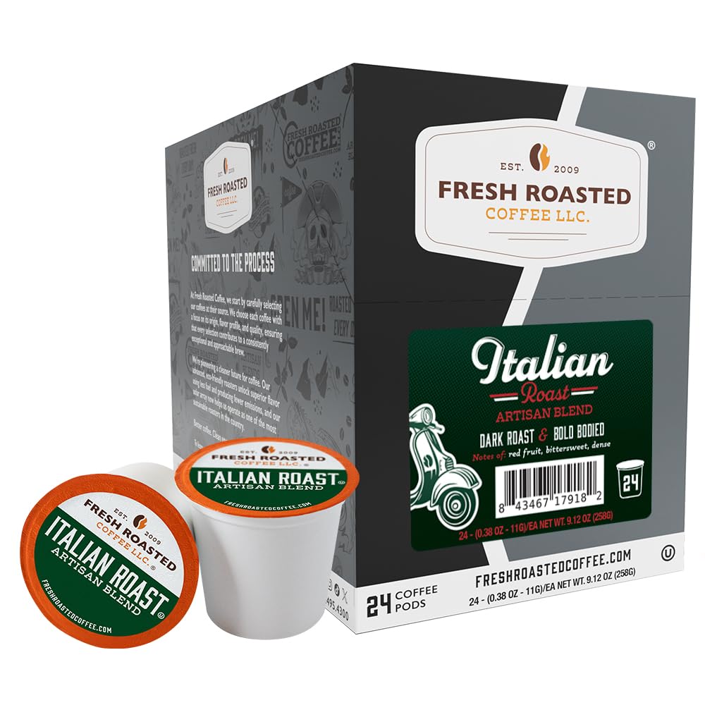 Fresh Roasted Coffee caja frontal mostrando 24 cápsulas y diseño claro