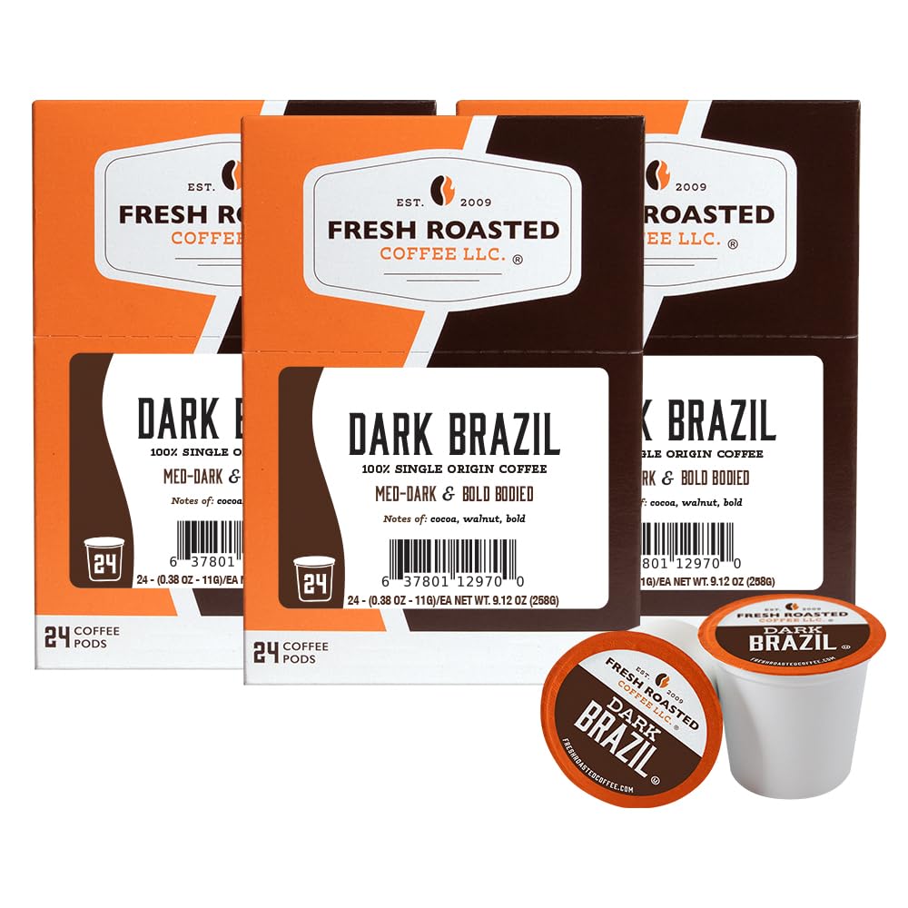 Fresh Roasted Coffee caja frontal con paquete de cápsulas, presenta conveniencia y sabor