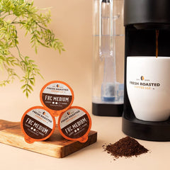 Fresh Roasted Coffee primer plano de cápsula K-Cup, sellado que conserva frescura