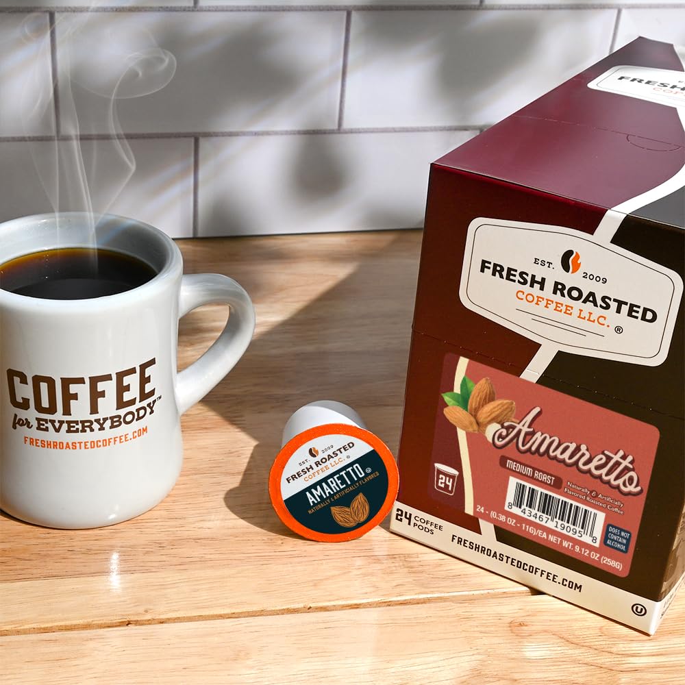 Fresh Roasted Coffee detalle de etiqueta que indica sabor Amaretto y kosher