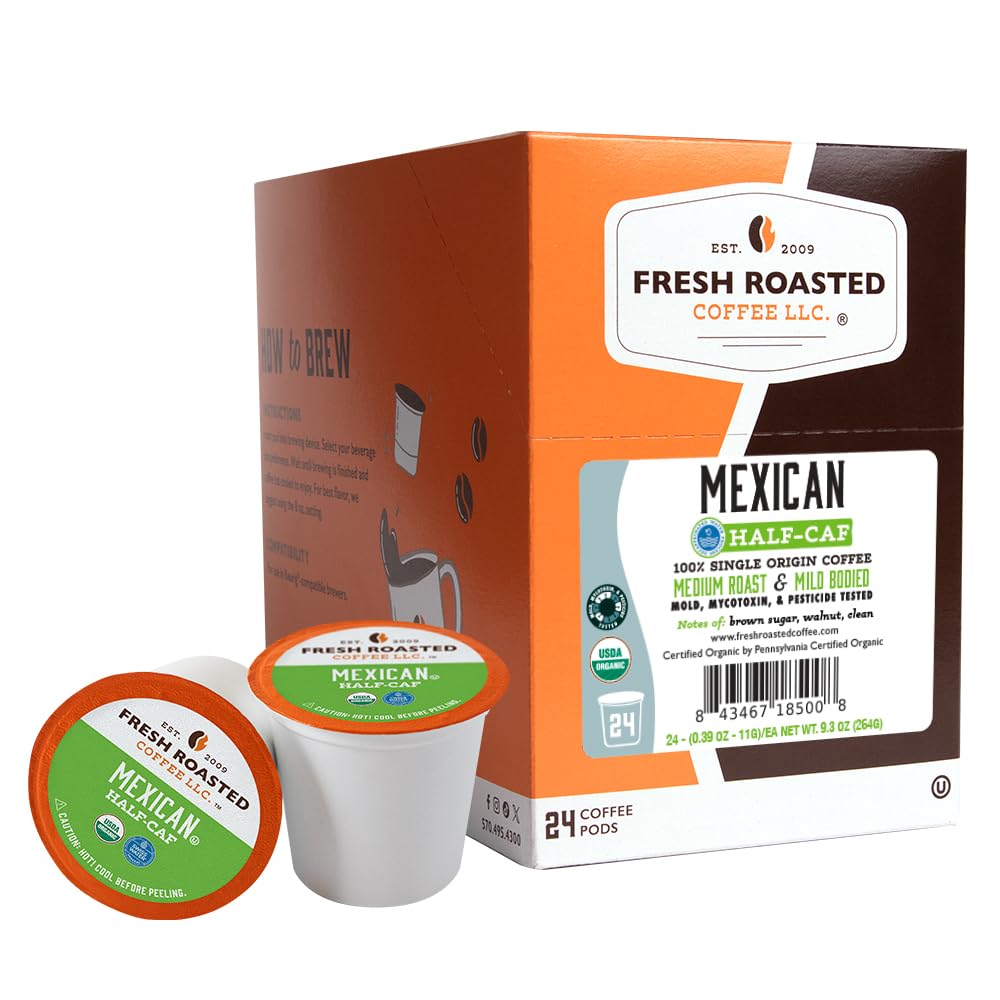 Fresh Roasted Coffee frente del empaque mostrando certificación orgánica y beneficios
