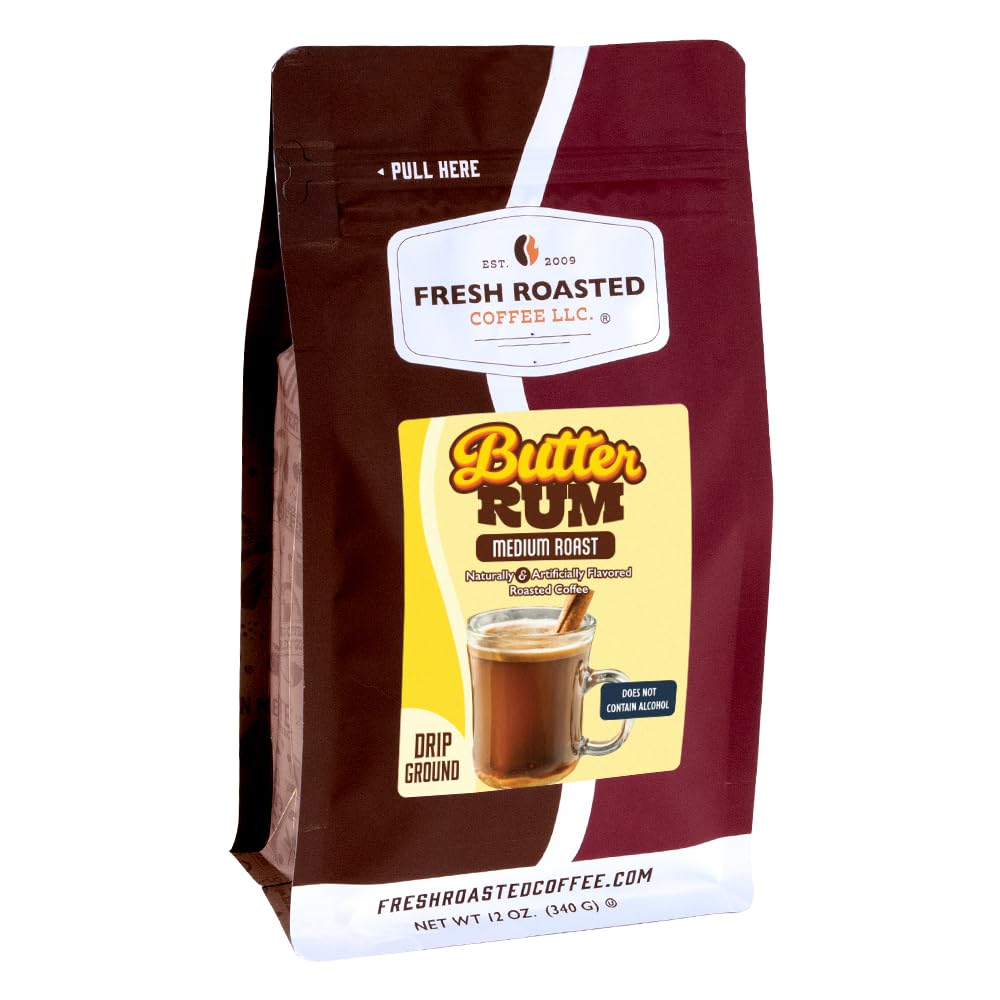 Fresh Roasted Coffee frente del paquete mostrando marca y aroma Butter Rum