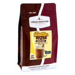 Fresh Roasted Coffee frente del paquete mostrando marca y aroma Butter Rum