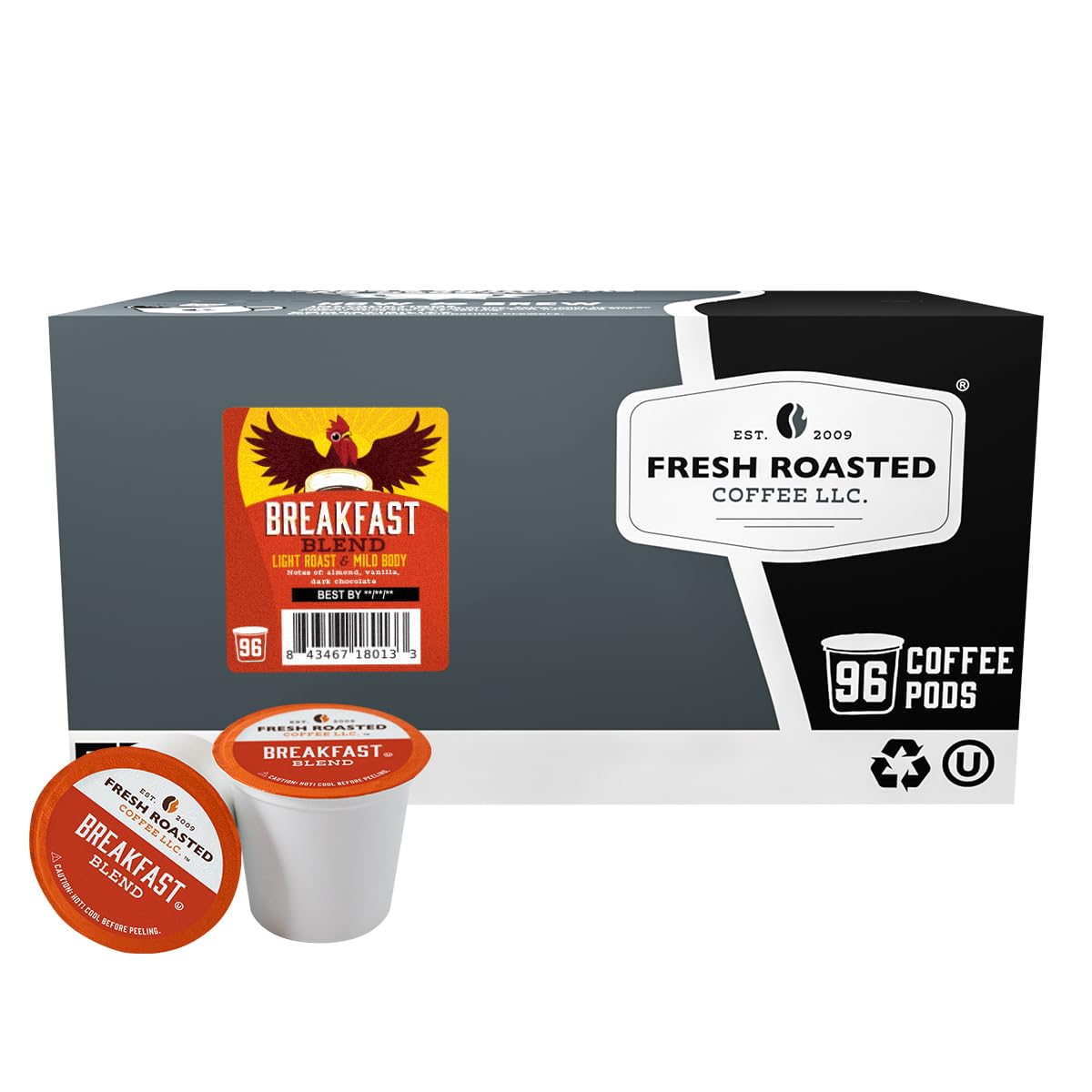 Fresh Roasted Coffee vista frontal del paquete de 96 cápsulas con etiquetado claro y beneficios