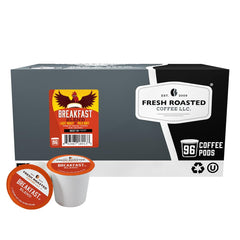 Fresh Roasted Coffee vista frontal del paquete de 96 cápsulas con etiquetado claro y beneficios