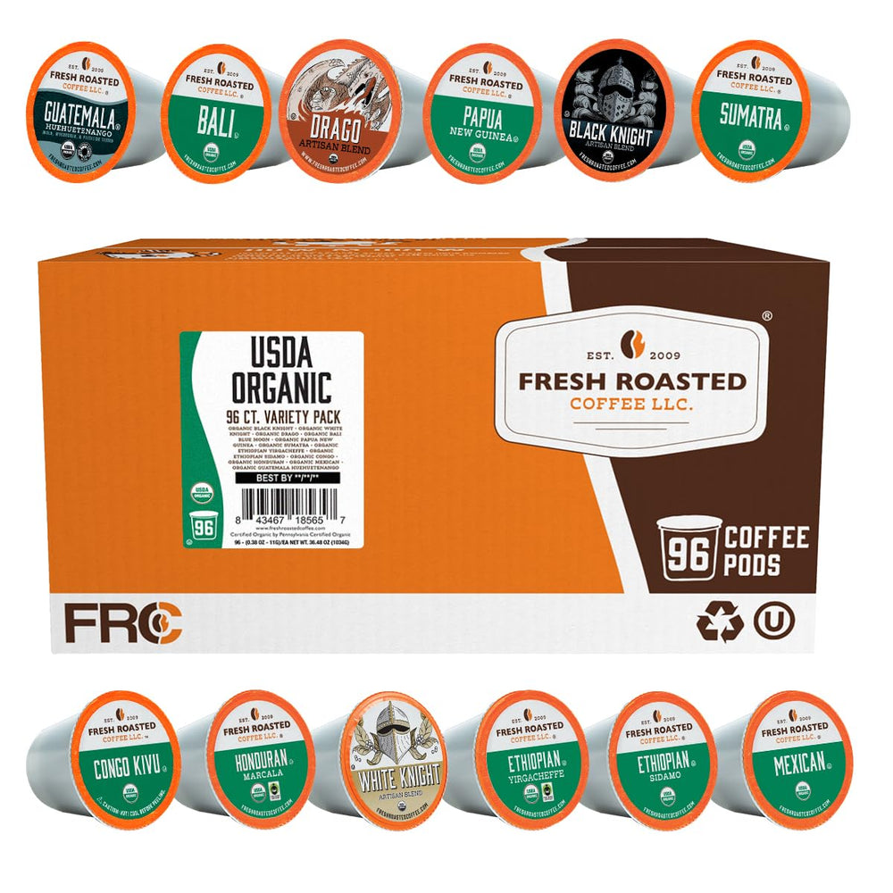 Fresh Roasted Coffee frontal con 96 cápsulas, variedad visible y práctico surtido