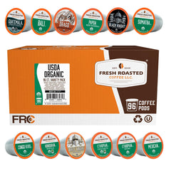 Fresh Roasted Coffee frontal con 96 cápsulas, variedad visible y práctico surtido