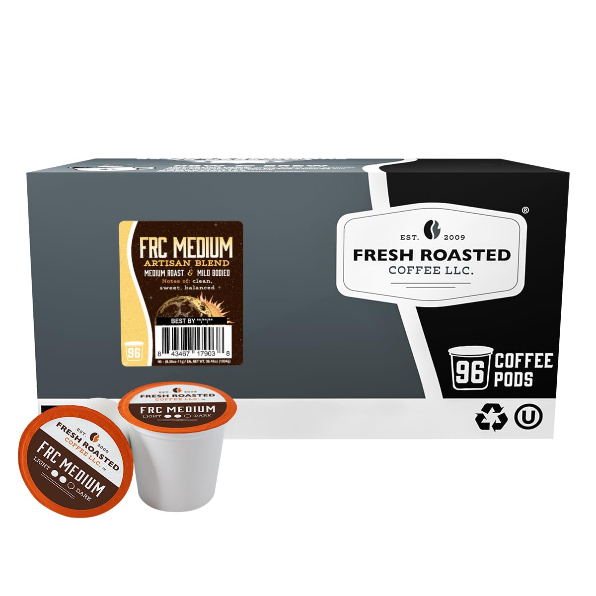 Fresh Roasted Coffee frontal del paquete de 96 cápsulas, conveniencia diaria