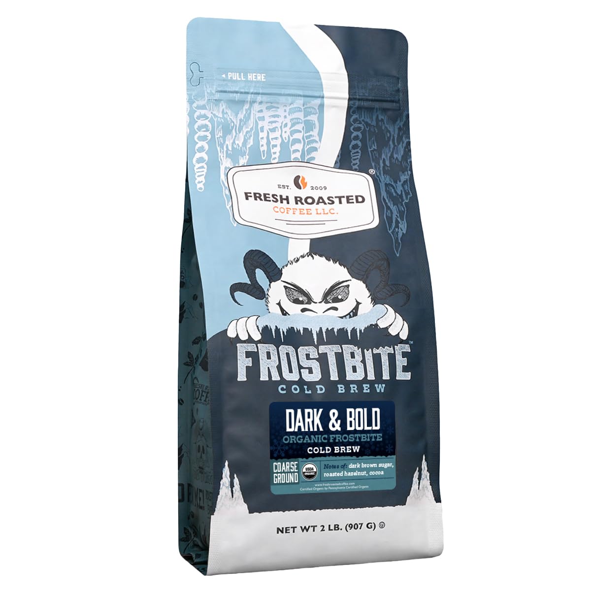Fresh Roasted Coffee presentación frontal mostrando el empaque y beneficio de intensidad